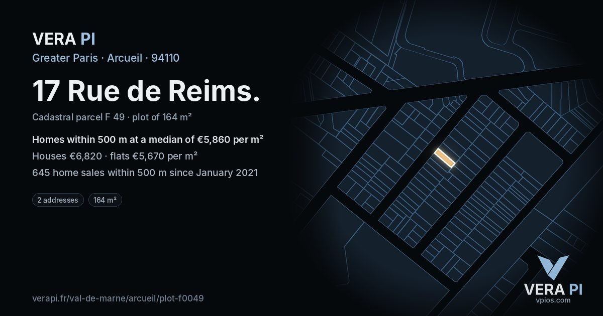 17 Rue de Reims, Arcueil at night – the plot lit, the parcels around coloured by the prices near them