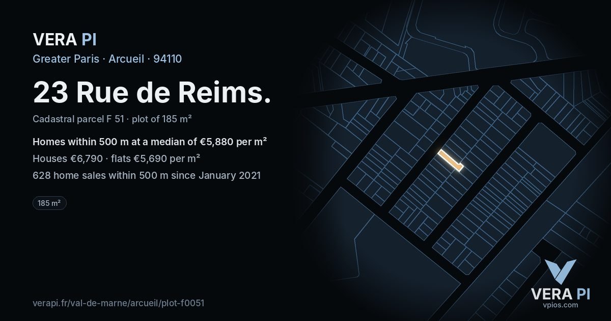 23 Rue de Reims, Arcueil at night – the plot lit, the parcels around coloured by the prices near them
