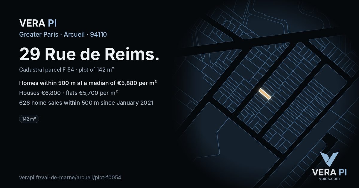 29 Rue de Reims, Arcueil at night – the plot lit, the parcels around coloured by the prices near them