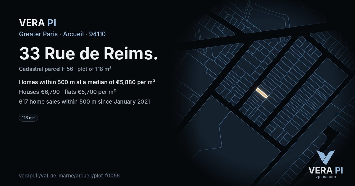 33 Rue de Reims, Arcueil at night – the plot lit, the parcels around coloured by the prices near them