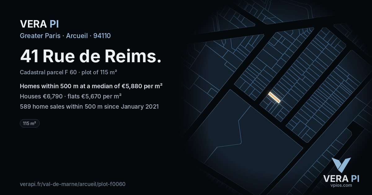 41 Rue de Reims, Arcueil at night – the plot lit, the parcels around coloured by the prices near them