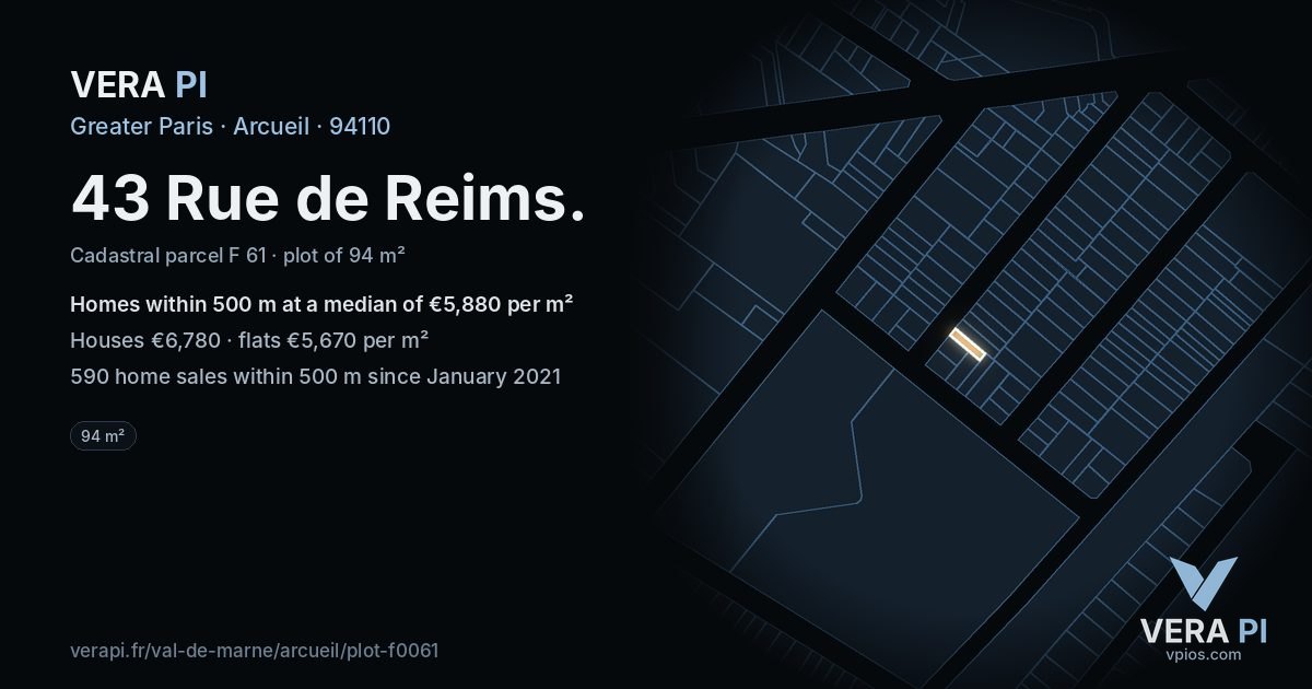 43 Rue de Reims, Arcueil at night – the plot lit, the parcels around coloured by the prices near them