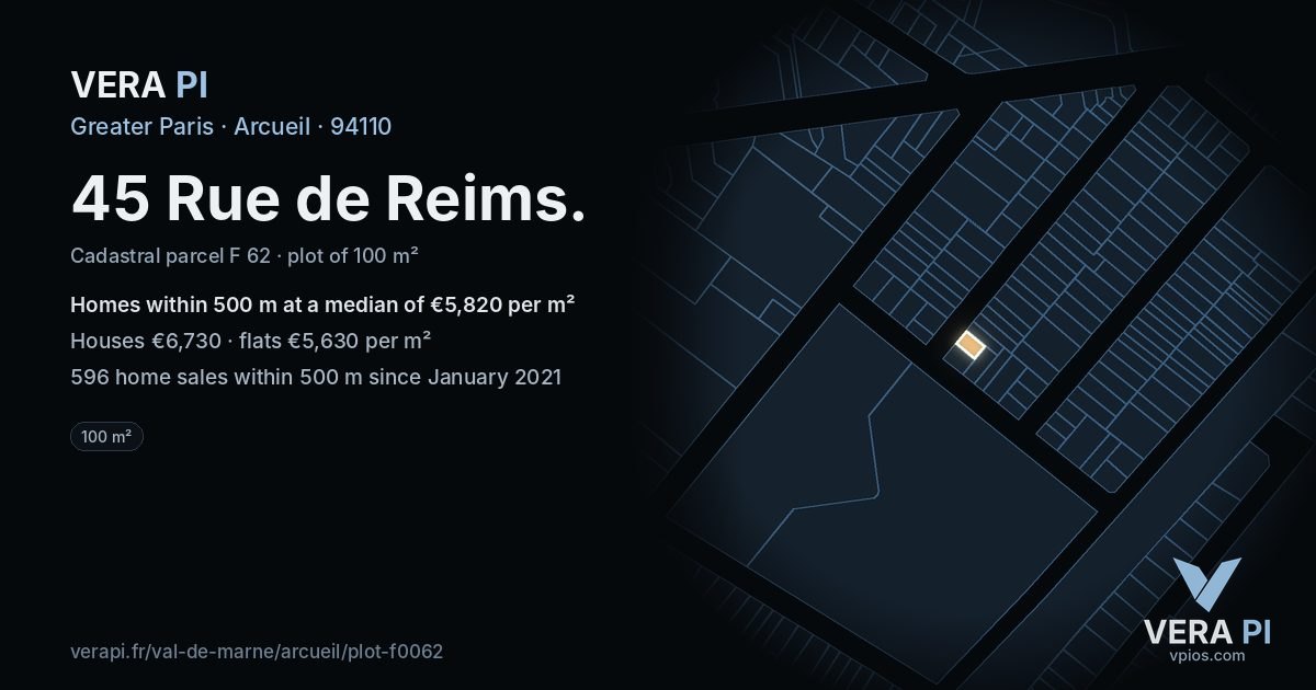 45 Rue de Reims, Arcueil at night – the plot lit, the parcels around coloured by the prices near them