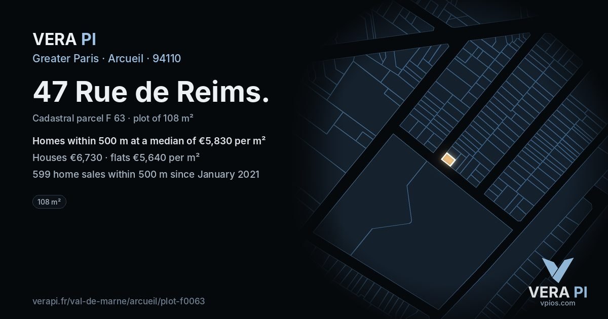 47 Rue de Reims, Arcueil at night – the plot lit, the parcels around coloured by the prices near them