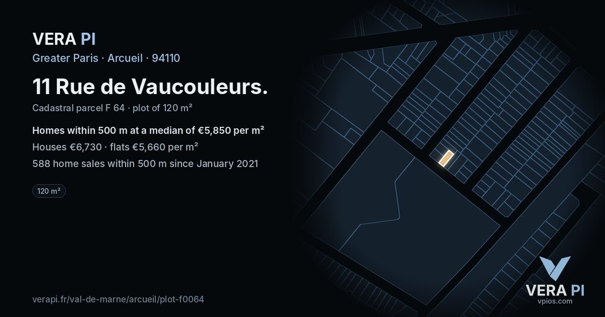 11 Rue de Vaucouleurs, Arcueil at night – the plot lit, the parcels around coloured by the prices near them