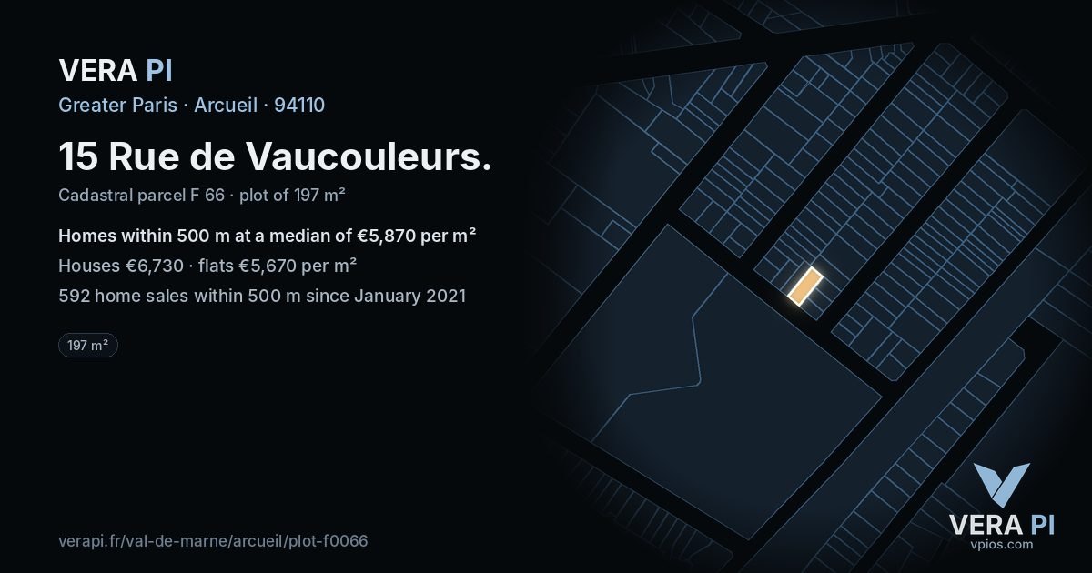 15 Rue de Vaucouleurs, Arcueil at night – the plot lit, the parcels around coloured by the prices near them