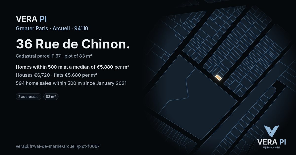 36 Rue de Chinon, Arcueil at night – the plot lit, the parcels around coloured by the prices near them