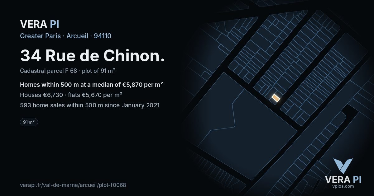 34 Rue de Chinon, Arcueil at night – the plot lit, the parcels around coloured by the prices near them