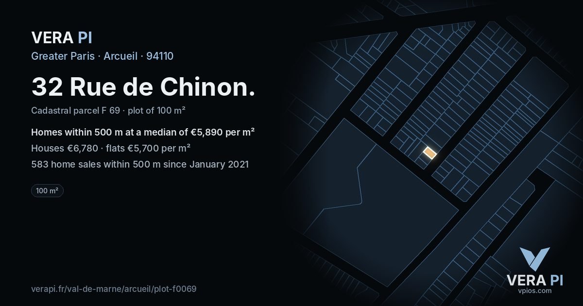 32 Rue de Chinon, Arcueil at night – the plot lit, the parcels around coloured by the prices near them