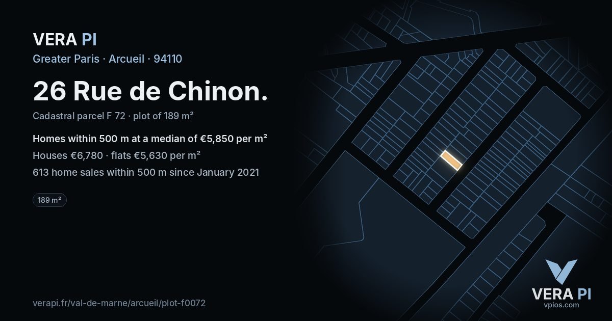 26 Rue de Chinon, Arcueil at night – the plot lit, the parcels around coloured by the prices near them