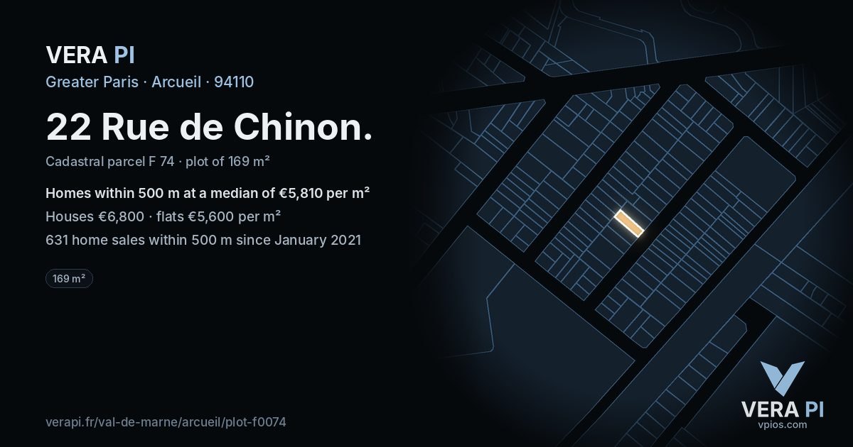 22 Rue de Chinon, Arcueil at night – the plot lit, the parcels around coloured by the prices near them