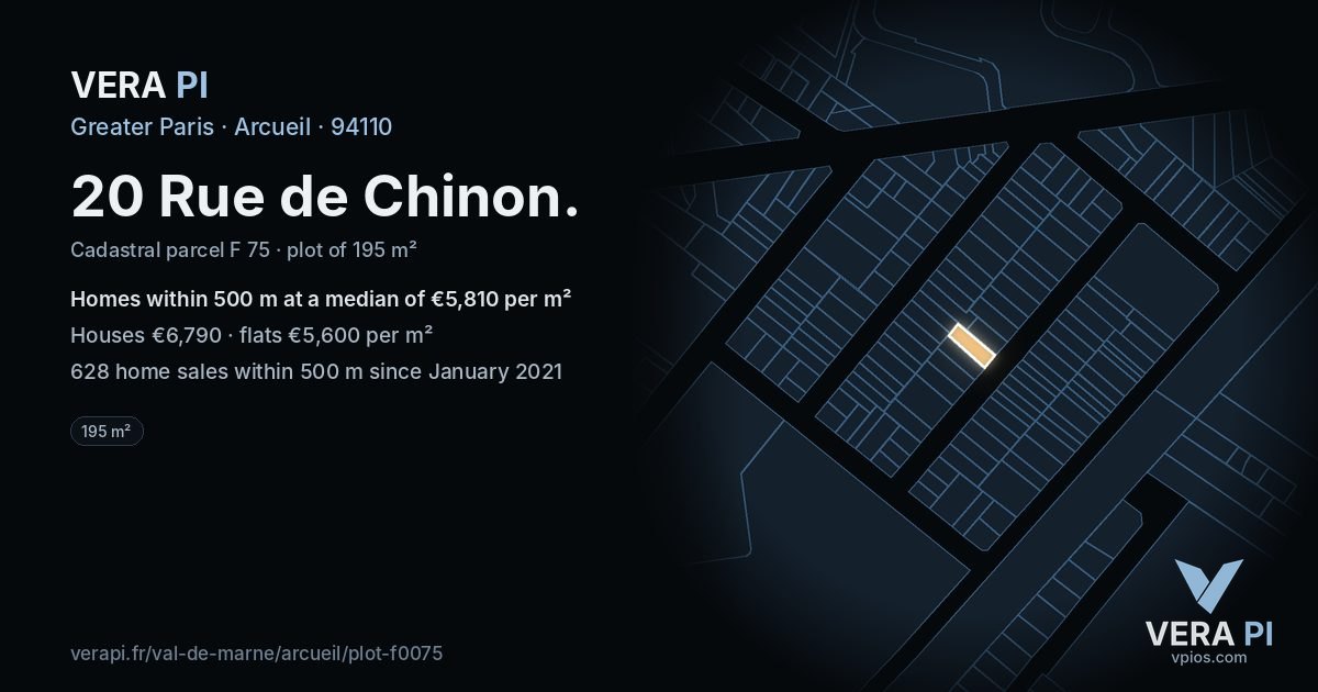 20 Rue de Chinon, Arcueil at night – the plot lit, the parcels around coloured by the prices near them
