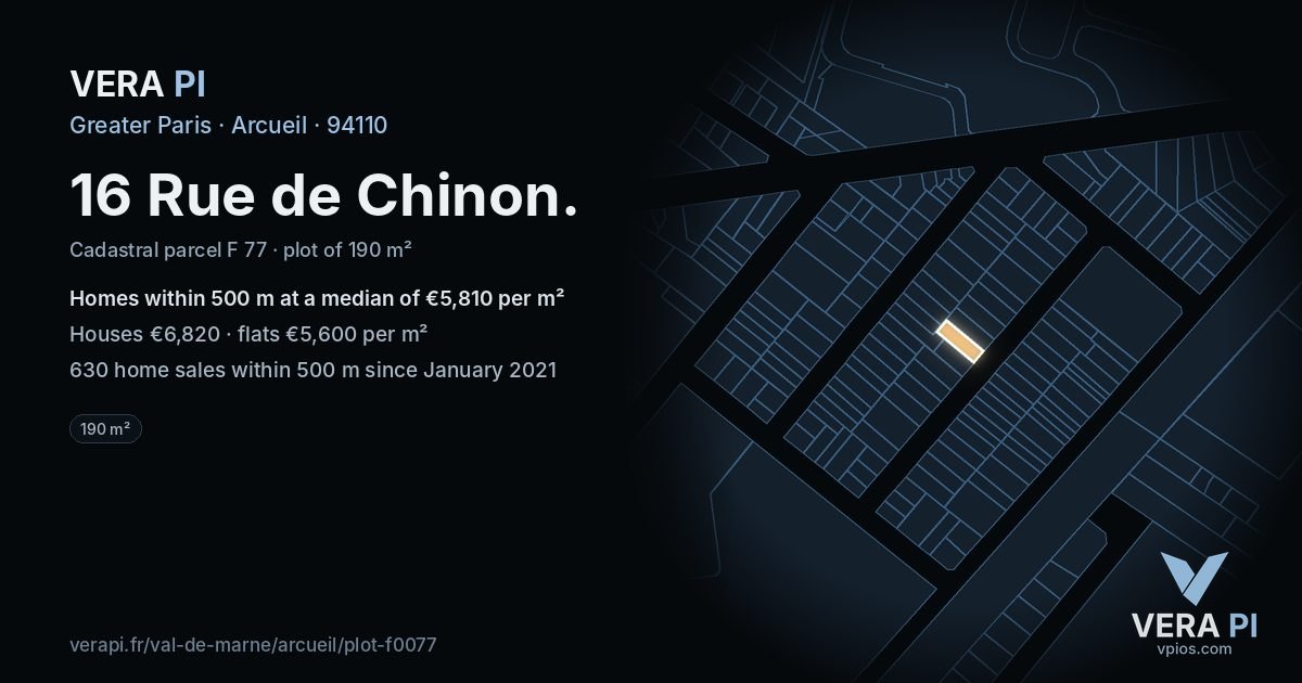 16 Rue de Chinon, Arcueil at night – the plot lit, the parcels around coloured by the prices near them