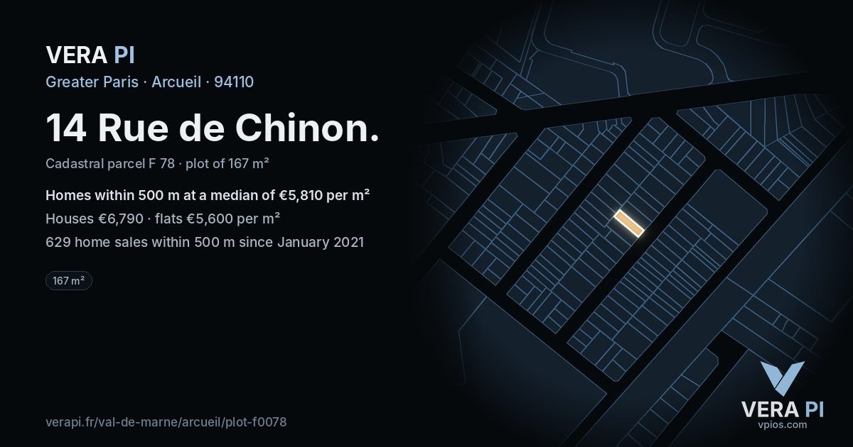 14 Rue de Chinon, Arcueil at night – the plot lit, the parcels around coloured by the prices near them