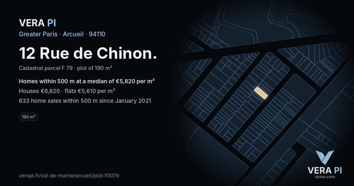 12 Rue de Chinon, Arcueil at night – the plot lit, the parcels around coloured by the prices near them