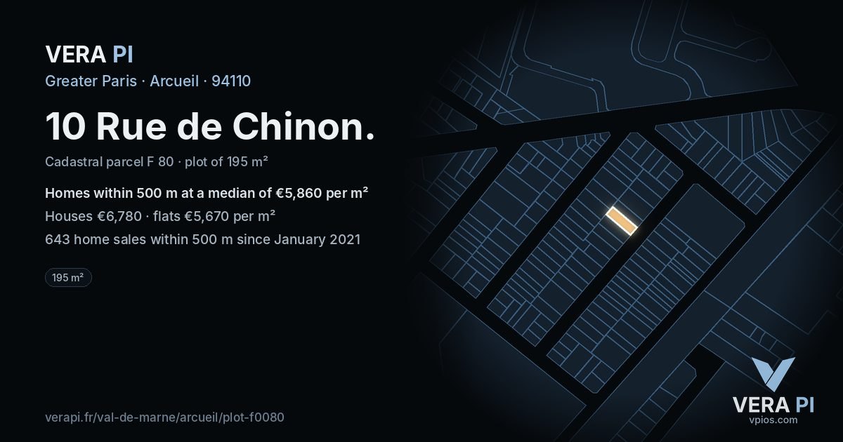 10 Rue de Chinon, Arcueil at night – the plot lit, the parcels around coloured by the prices near them