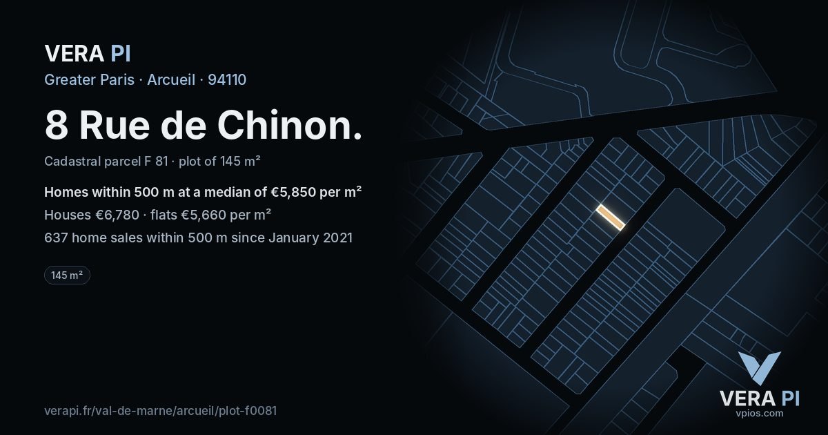 8 Rue de Chinon, Arcueil at night – the plot lit, the parcels around coloured by the prices near them