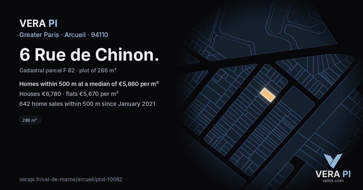 6 Rue de Chinon, Arcueil at night – the plot lit, the parcels around coloured by the prices near them