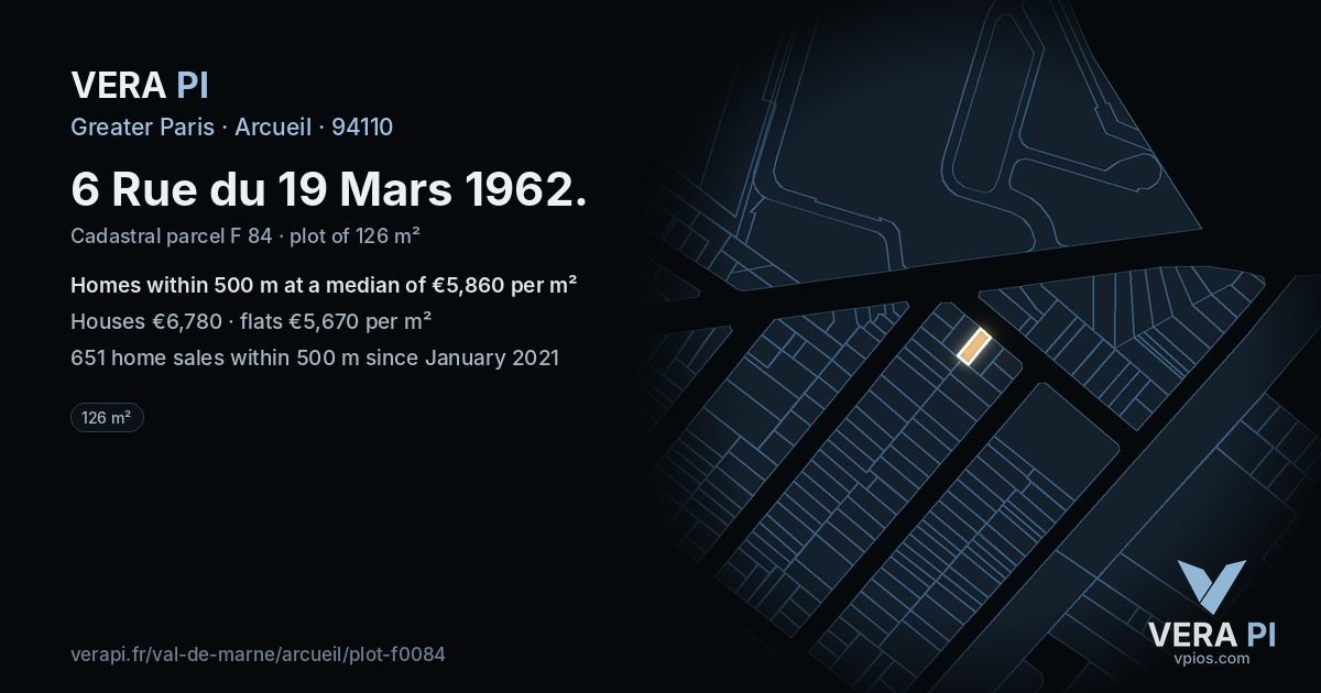 6 Rue du 19 Mars 1962, Arcueil at night – the plot lit, the parcels around coloured by the prices near them