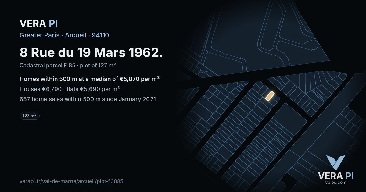 8 Rue du 19 Mars 1962, Arcueil at night – the plot lit, the parcels around coloured by the prices near them