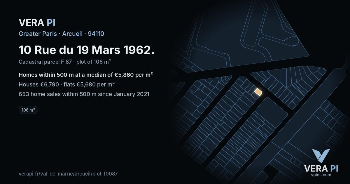 10 Rue du 19 Mars 1962, Arcueil at night – the plot lit, the parcels around coloured by the prices near them