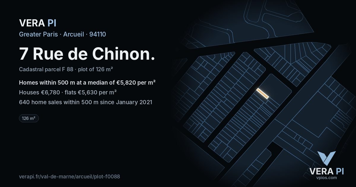 7 Rue de Chinon, Arcueil at night – the plot lit, the parcels around coloured by the prices near them