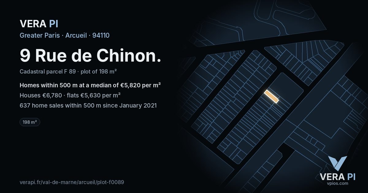 9 Rue de Chinon, Arcueil at night – the plot lit, the parcels around coloured by the prices near them