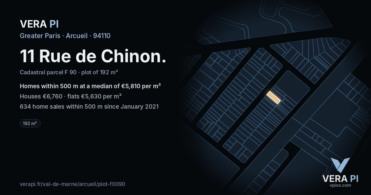 11 Rue de Chinon, Arcueil at night – the plot lit, the parcels around coloured by the prices near them