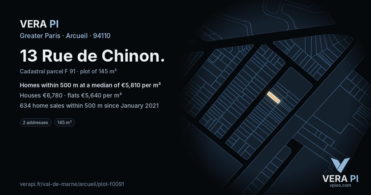 13 Rue de Chinon, Arcueil at night – the plot lit, the parcels around coloured by the prices near them