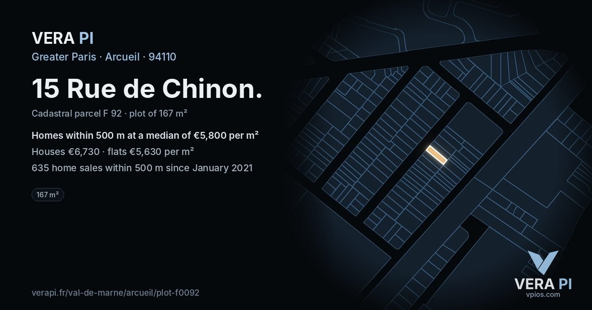 15 Rue de Chinon, Arcueil at night – the plot lit, the parcels around coloured by the prices near them