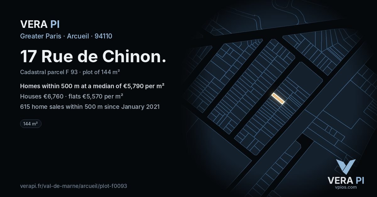 17 Rue de Chinon, Arcueil at night – the plot lit, the parcels around coloured by the prices near them