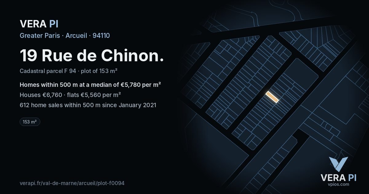 19 Rue de Chinon, Arcueil at night – the plot lit, the parcels around coloured by the prices near them