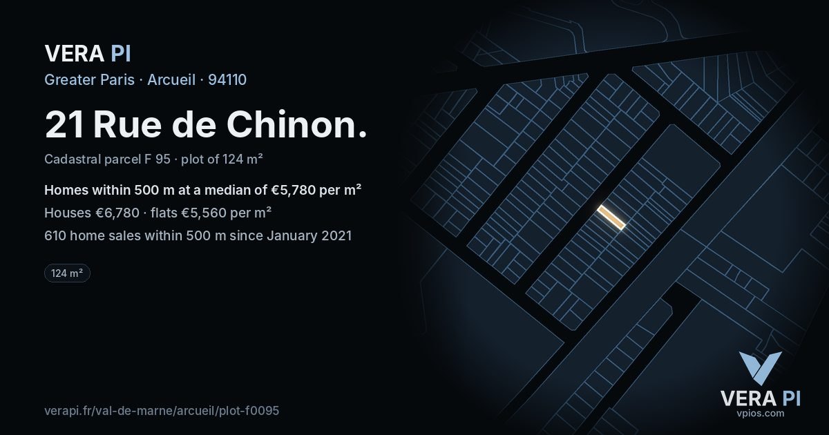 21 Rue de Chinon, Arcueil at night – the plot lit, the parcels around coloured by the prices near them