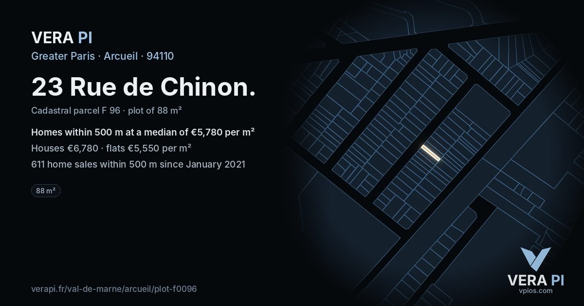 23 Rue de Chinon, Arcueil at night – the plot lit, the parcels around coloured by the prices near them