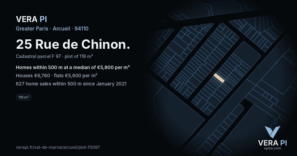 25 Rue de Chinon, Arcueil at night – the plot lit, the parcels around coloured by the prices near them