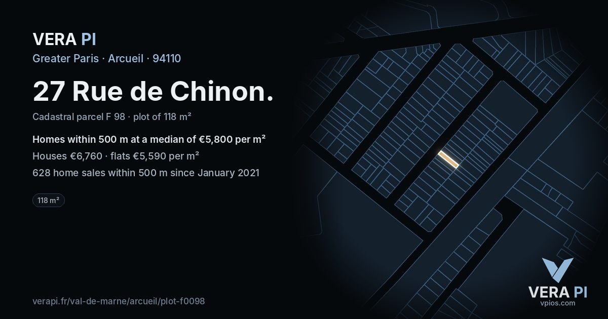 27 Rue de Chinon, Arcueil at night – the plot lit, the parcels around coloured by the prices near them