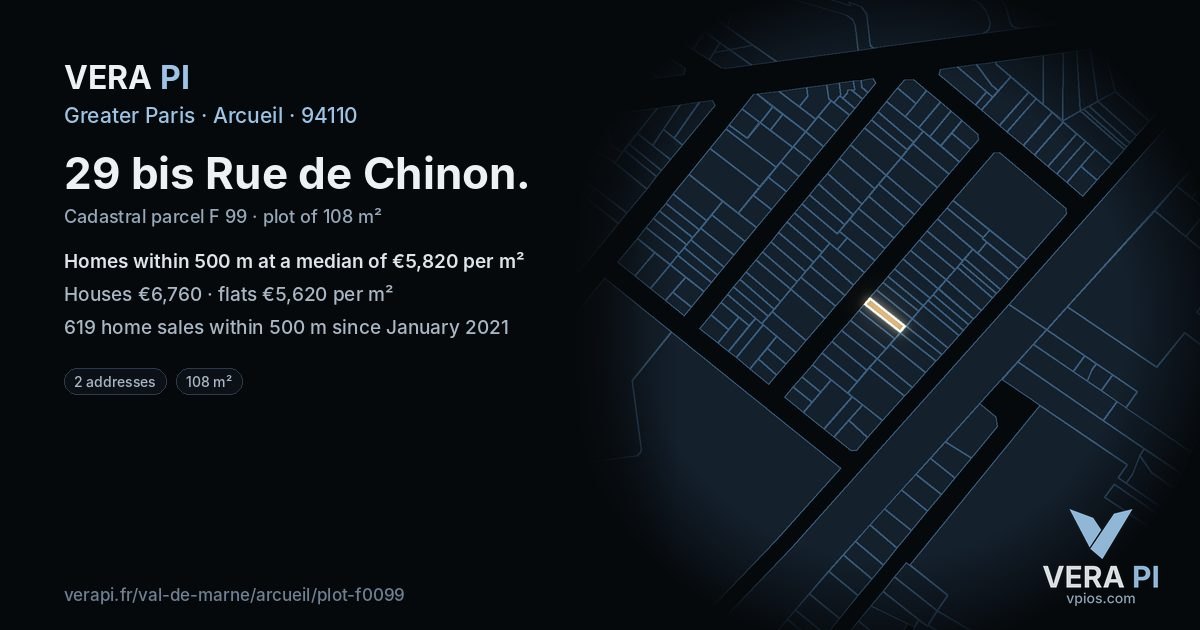 29 bis Rue de Chinon, Arcueil at night – the plot lit, the parcels around coloured by the prices near them