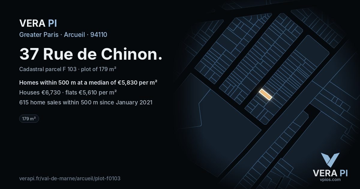 37 Rue de Chinon, Arcueil at night – the plot lit, the parcels around coloured by the prices near them