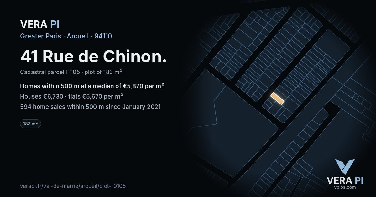 41 Rue de Chinon, Arcueil at night – the plot lit, the parcels around coloured by the prices near them
