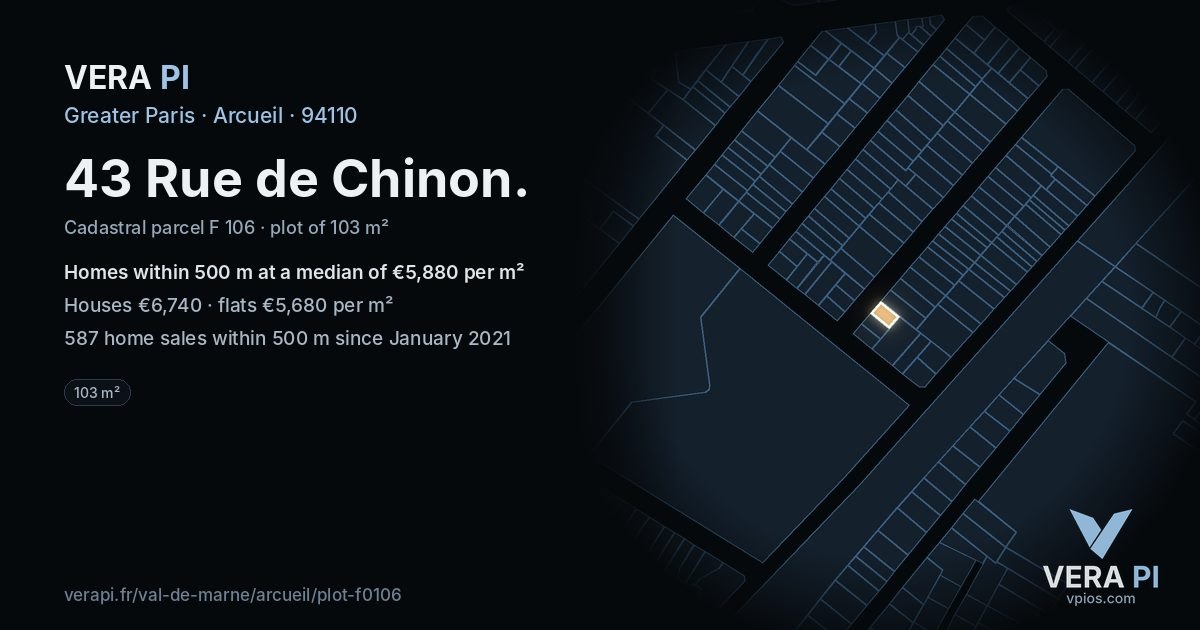 43 Rue de Chinon, Arcueil at night – the plot lit, the parcels around coloured by the prices near them