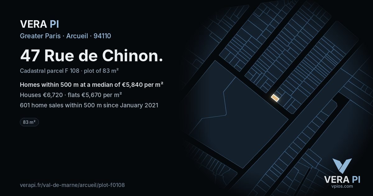 47 Rue de Chinon, Arcueil at night – the plot lit, the parcels around coloured by the prices near them