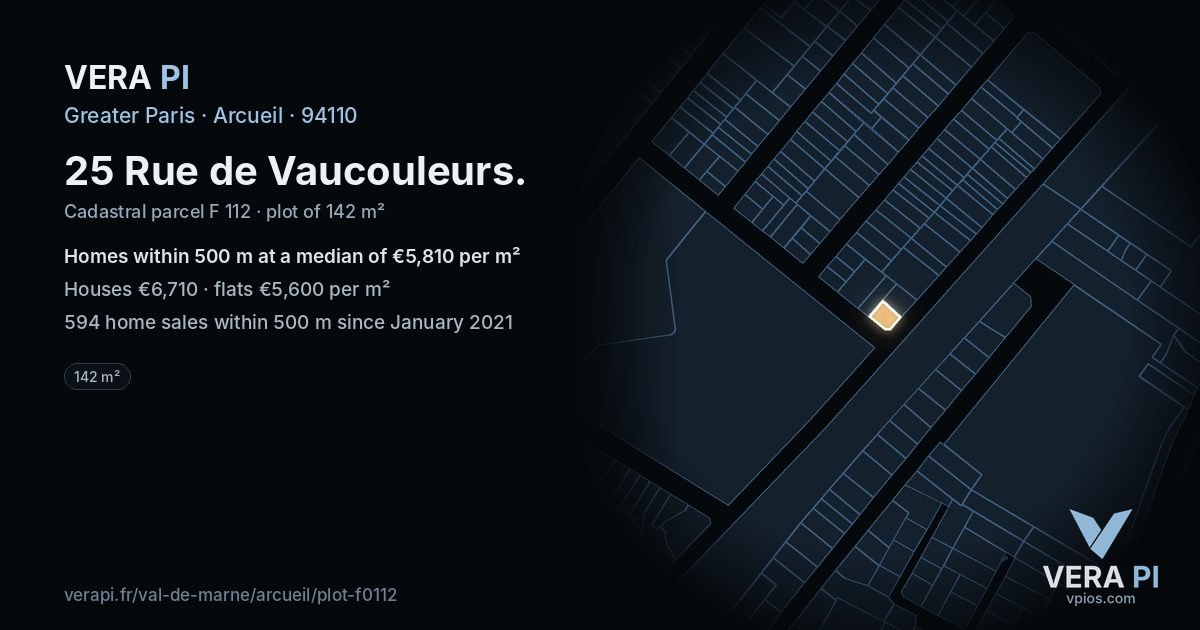 25 Rue de Vaucouleurs, Arcueil at night – the plot lit, the parcels around coloured by the prices near them