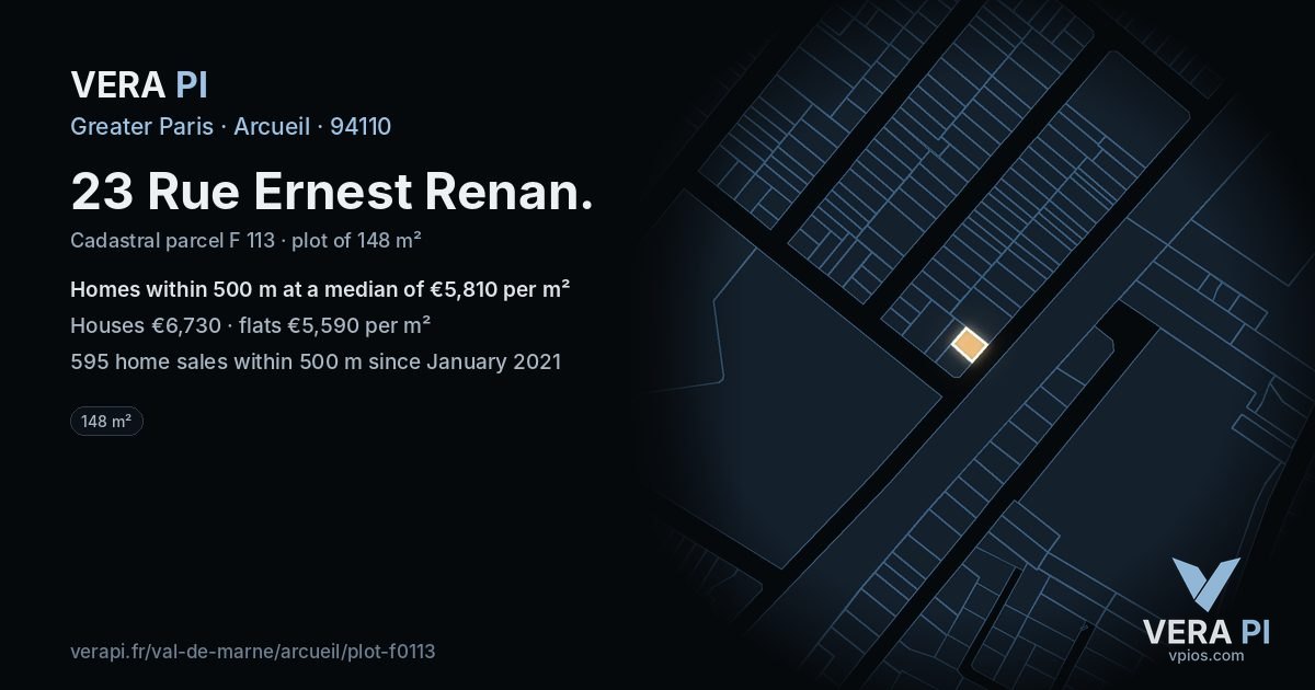 23 Rue Ernest Renan, Arcueil at night – the plot lit, the parcels around coloured by the prices near them