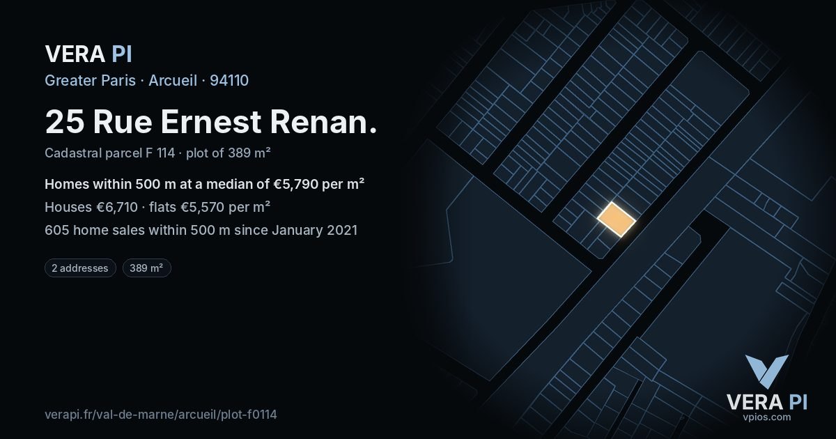 25 Rue Ernest Renan, Arcueil at night – the plot lit, the parcels around coloured by the prices near them