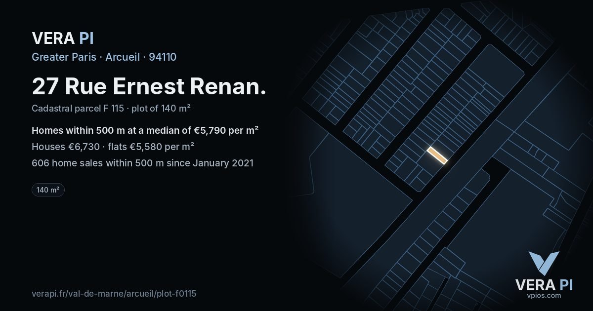 27 Rue Ernest Renan, Arcueil at night – the plot lit, the parcels around coloured by the prices near them