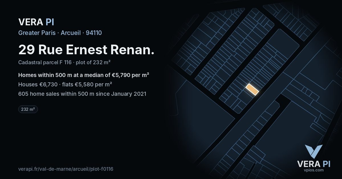 29 Rue Ernest Renan, Arcueil at night – the plot lit, the parcels around coloured by the prices near them