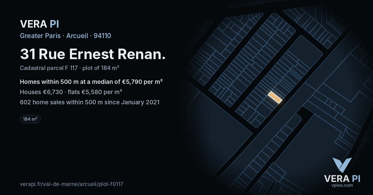 31 Rue Ernest Renan, Arcueil at night – the plot lit, the parcels around coloured by the prices near them