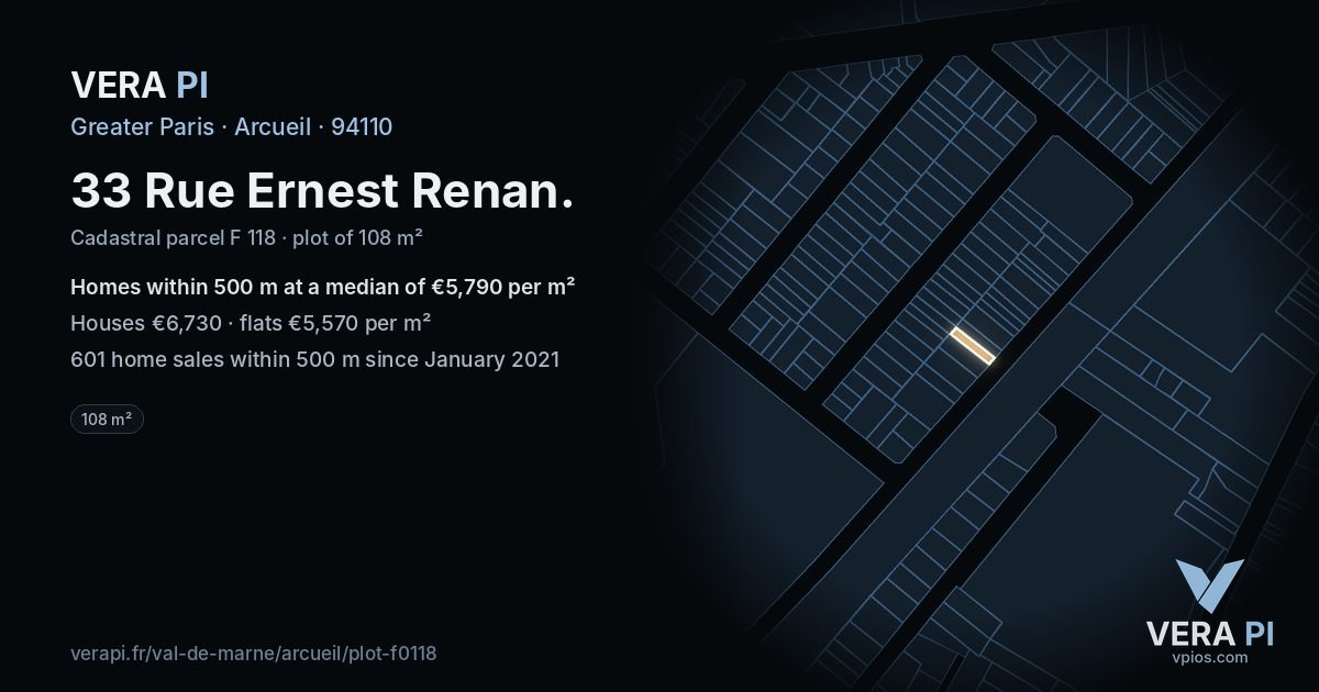 33 Rue Ernest Renan, Arcueil at night – the plot lit, the parcels around coloured by the prices near them