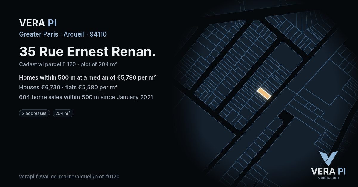 35 Rue Ernest Renan, Arcueil at night – the plot lit, the parcels around coloured by the prices near them