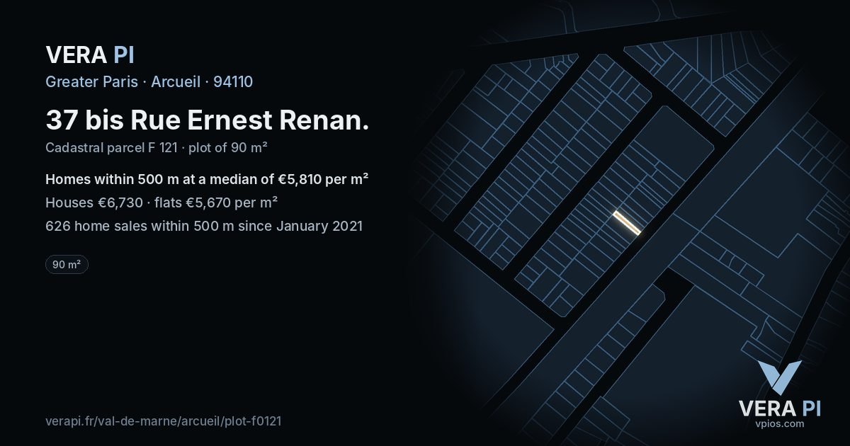 37 bis Rue Ernest Renan, Arcueil at night – the plot lit, the parcels around coloured by the prices near them